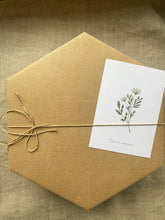 Load image into Gallery viewer, Coffret cadeau enveloppé de papier kraft, noué d’une ficelle et accompagné d’une carte botanique Millimètres.
